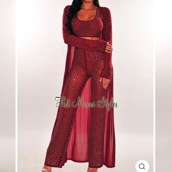 Hot Miami Styles Rhinestone Wine Red Duster Sweater Cardigan Worn only once - Picture 1 of 7